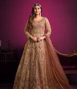 Orange embroidered net semi stitched anarkali suit