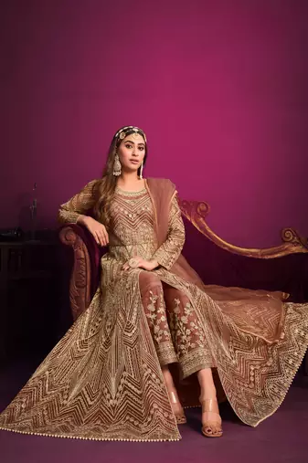 Orange embroidered net anarkali suit