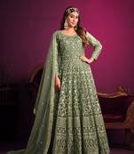 Green embroidered net semi stitched anarkali suit