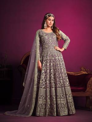 Lavender embroidered net semi stitched anarkali suit 1