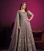 Lavender embroidered net semi stitched anarkali suit