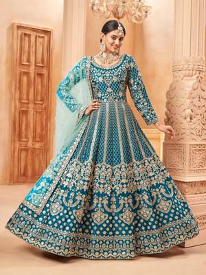 Teal embroidered art silk anarkali suit 3