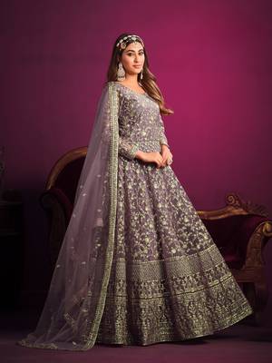 Lavender embroidered net semi stitched anarkali suit 2