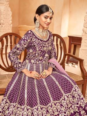 Purple embroidered art silk semi stitched anarkali suit 3