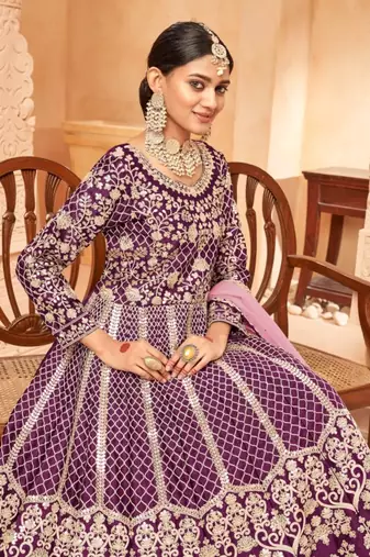 Purple embroidered art silk semi stitched anarkali suit