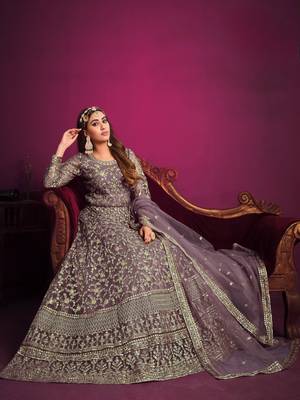 Lavender embroidered net semi stitched anarkali suit 3