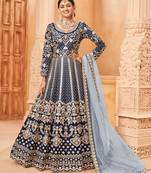 Navy blue embroidered art silk semi stitched anarkali suit
