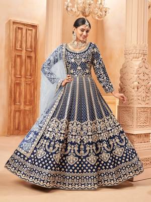 Navy blue embroidered art silk anarkali suit 2