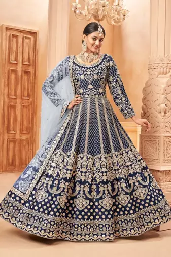 Navy blue embroidered art silk anarkali suit