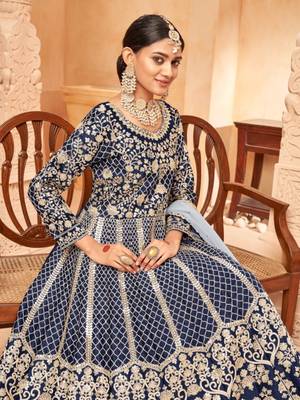 Navy blue embroidered art silk anarkali suit 3