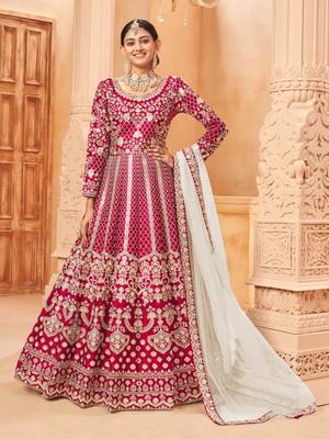 Red embroidered art silk anarkali suit 1