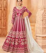 Red embroidered art silk semi stitched anarkali suit