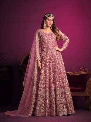 Pink embroidered net semi stitched anarkali suit 1