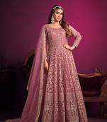 Pink embroidered net semi stitched anarkali suit