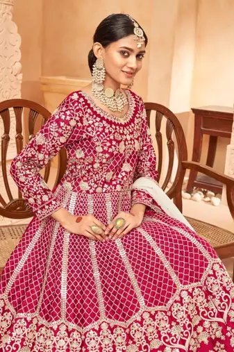 Red embroidered art silk anarkali suit