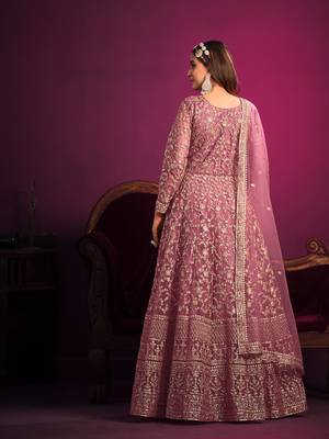 Pink embroidered net semi stitched anarkali suit 2