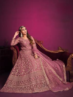 Pink embroidered net semi stitched anarkali suit 3