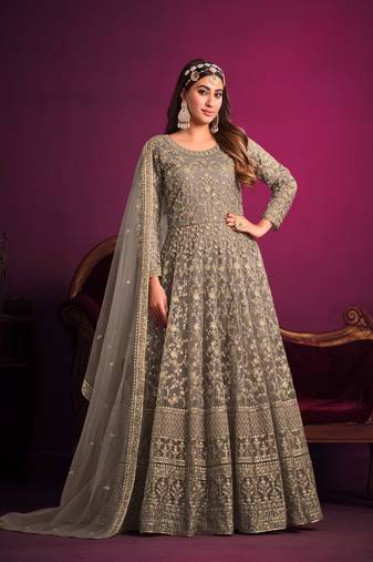 Grey embroidered net semi stitched anarkali suit