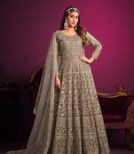 Grey embroidered net semi stitched anarkali suit