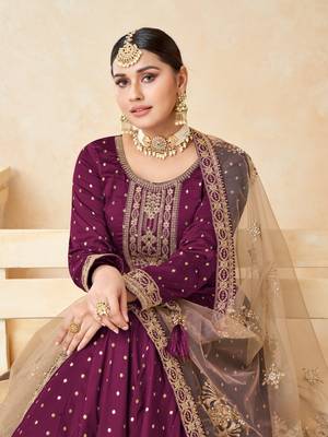 Purple embroidered tapeta silk semi stitched anarkali suit 3