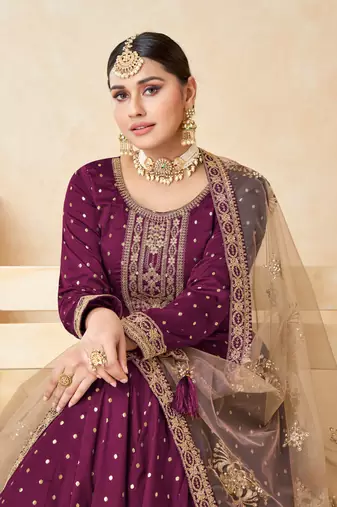 Purple embroidered tapeta silk semi stitched anarkali suit