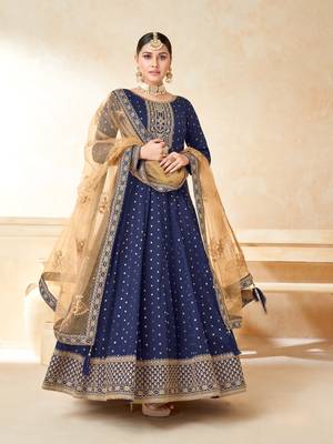 Navy blue embroidered tapeta silk semi stitched anarkali suit 1