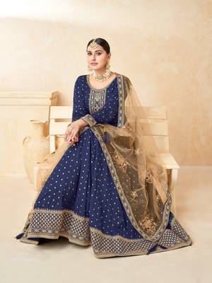 Navy blue embroidered tapeta silk semi stitched anarkali suit 2