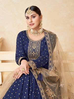 Navy blue embroidered tapeta silk semi stitched anarkali suit 3