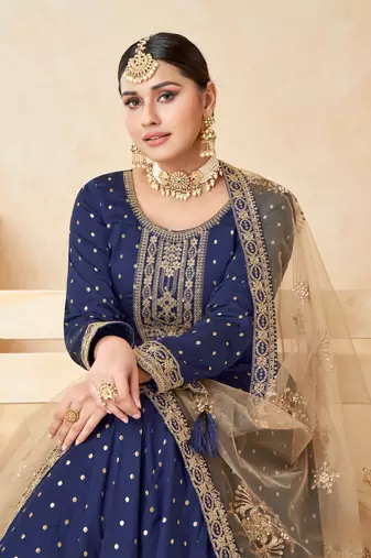 Navy blue embroidered tapeta silk semi stitched anarkali suit