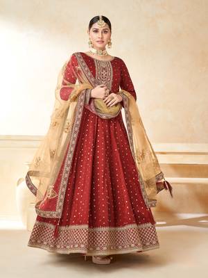 Maroon embroidered tapeta silk semi stitched anarkali suit 1