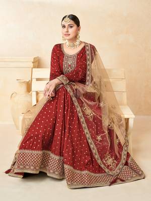 Maroon embroidered tapeta silk semi stitched anarkali suit 2