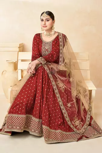 Maroon embroidered tapeta silk semi stitched anarkali suit