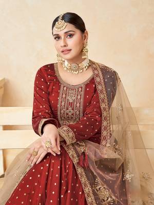 Maroon embroidered tapeta silk semi stitched anarkali suit 3