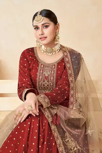 Maroon embroidered tapeta silk semi stitched anarkali suit