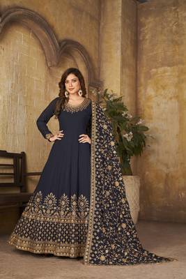Navy blue embroidered faux georgette semi stitched anarkali suit 1