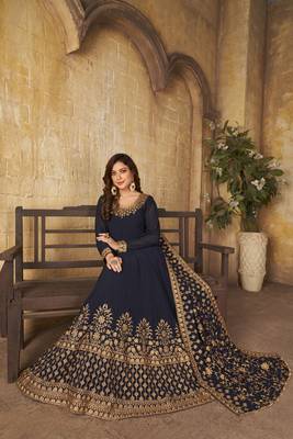 Navy blue embroidered faux georgette semi stitched anarkali suit 2