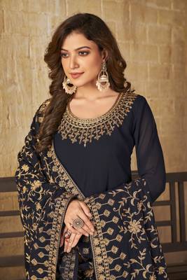 Navy blue embroidered faux georgette semi stitched anarkali suit 3