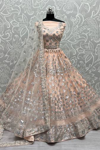 Women's Peach Bridal Net Zari with Thread Embroidered Wedding Lehenga Choli