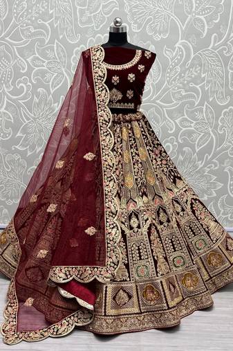 Women's Maroon Velvet Dori, Multi Thread Embroidered with Diamond Work Wedding Lehenga Choli
