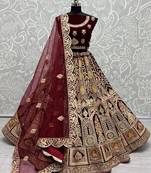 Women's Maroon Velvet Dori, Multi Thread Embroidered with Diamond Work Wedding Lehenga Choli