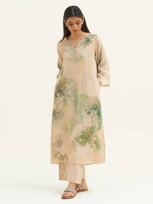 Wheat beige and green printed linen co-ord set 1