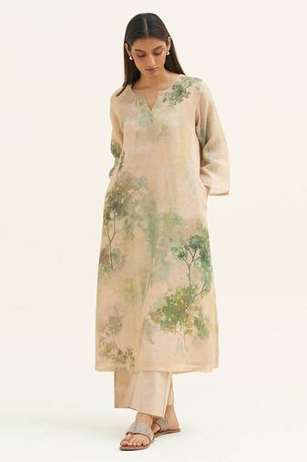 Wheat beige and green printed linen co-ord set