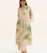 Wheat beige and green printed linen co-ord set
