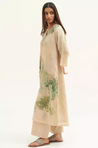 Wheat beige and green printed linen co-ord set