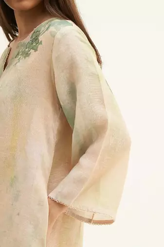 Wheat beige and green printed linen co-ord set