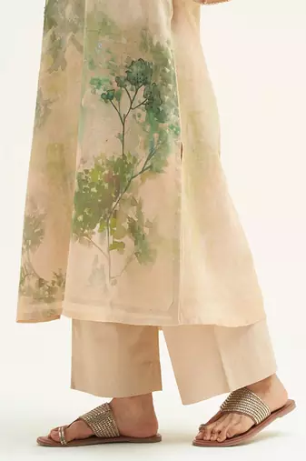Wheat beige and green printed linen co-ord set