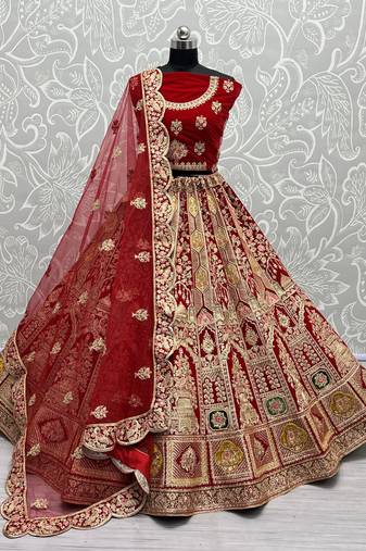 Women's Red Velvet Dori, Multi Thread Embroidered with Diamond Work Wedding Lehenga Choli