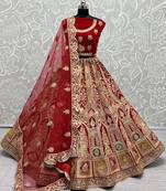 Women's Red Velvet Dori, Multi Thread Embroidered with Diamond Work Wedding Lehenga Choli