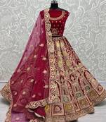 Women's Rani Pink Velvet Dori, Multi Thread Embroidered with Diamond Work Wedding Lehenga Choli
