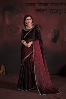 Brown maroon zarkan hand work border satin saree 1